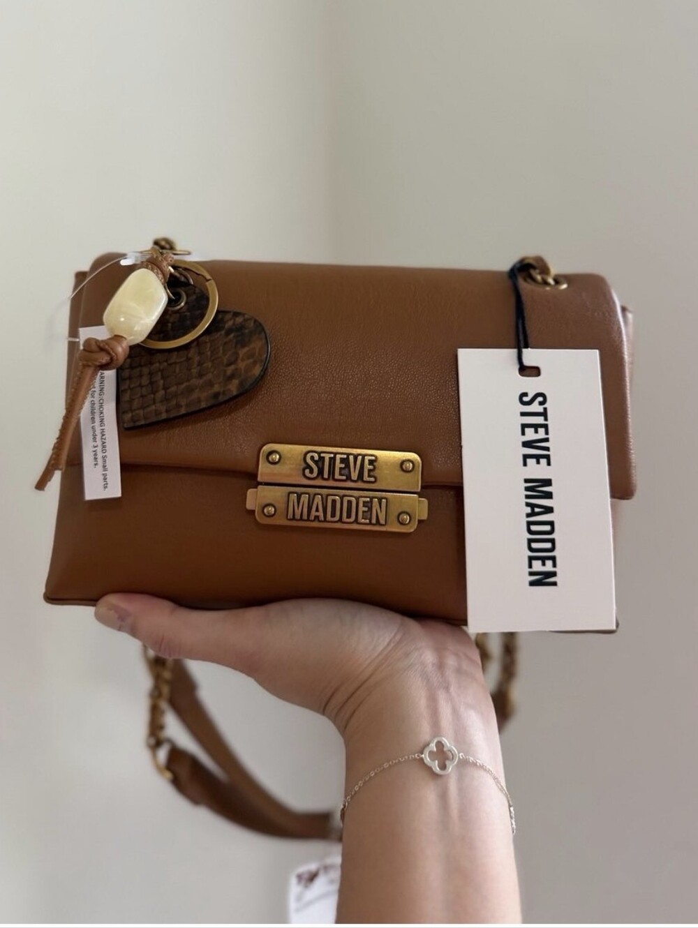 Steve Madden Tan Crossbody with Gold Plate & Charm